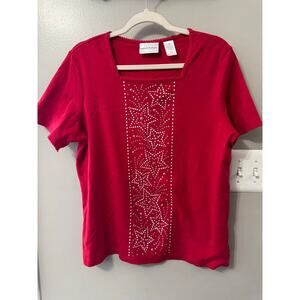 Alfred Dunner Women's Red Embellished Stars Fireworks Short Sleeve Top Size M